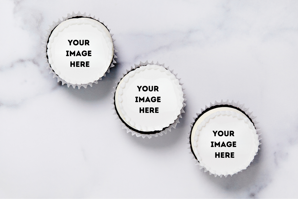 Three cupcakes with a "Your Image Here" on the top